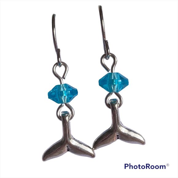 Silver Mermaid Whale Tail Earrings Aqua Bead Plated Dangle Dainty Nautical - Picture 1 of 12